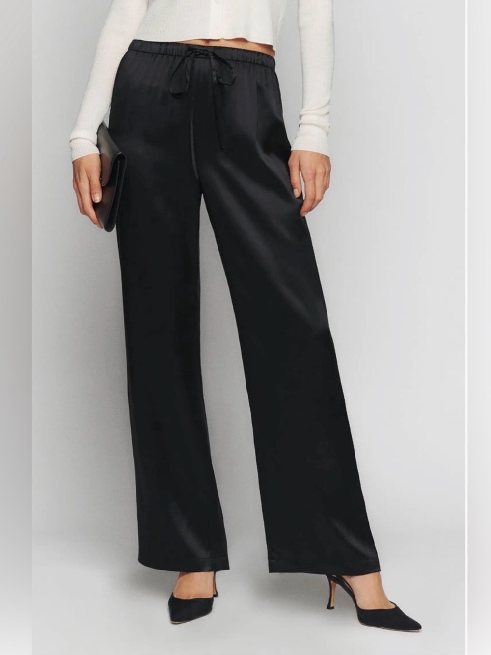 Reformation Olina Black 100% Silk Wide Leg Drawstring Pull On Pants XS